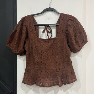NWT Band Of The Free Women's Smocked Peplum Crop Eyelet Top Brown Size Medium